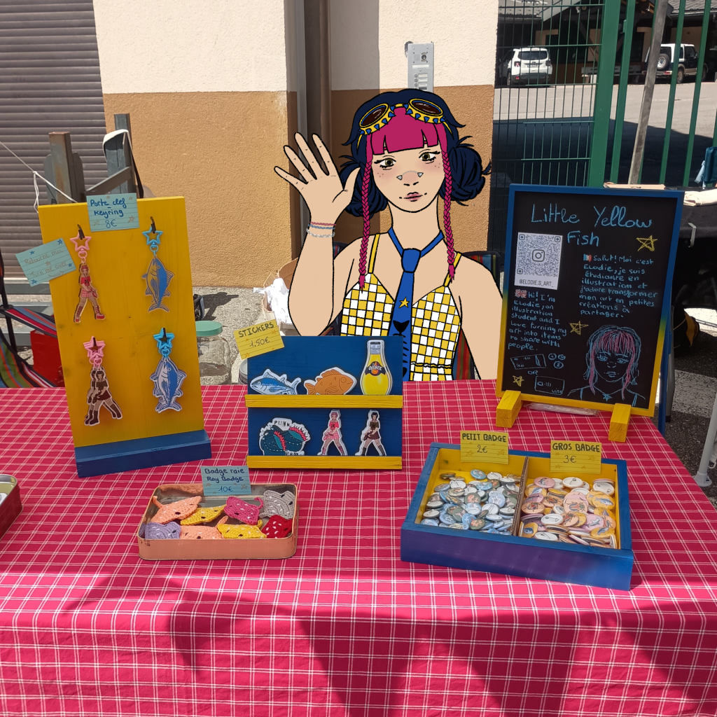 Illustrated image of Elodie sitting at her craft stall selling stickers, keyrings and badges.